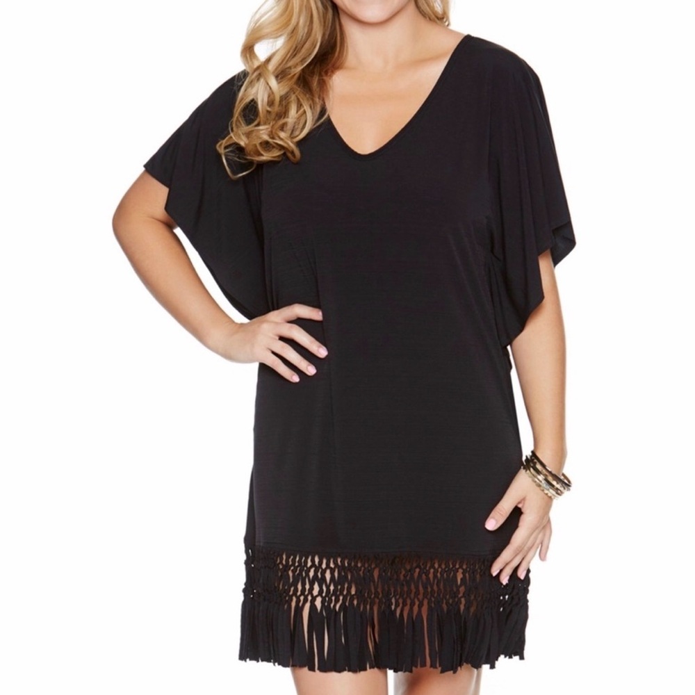 Dotti Black Swim Coverup Dress with Fringe size XL
